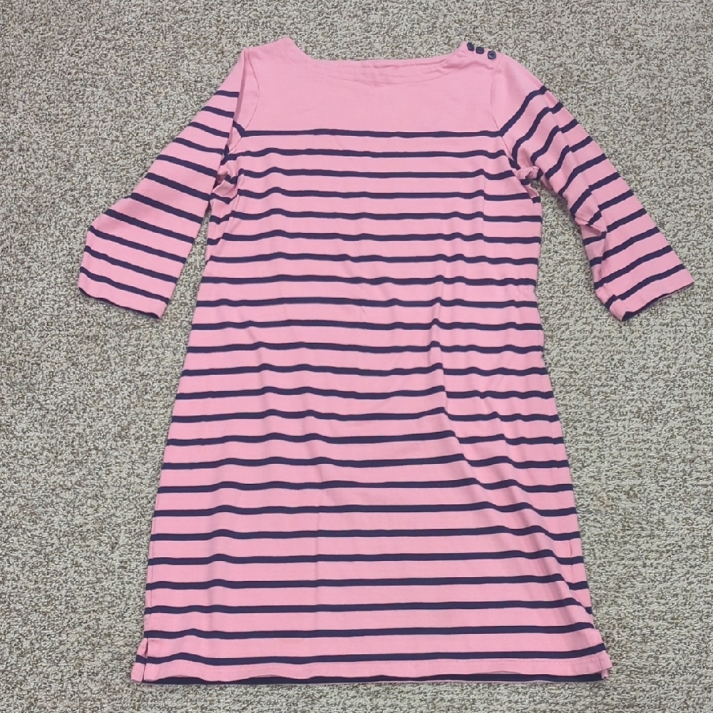 LL Bean 100% Cotton Boatneck Striped Nautical Dress Size Medium Pink Navy